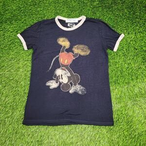 Disney Mickey-Mouse Ringer Shirt Womens XS/S 17x25 Navy-Blue
